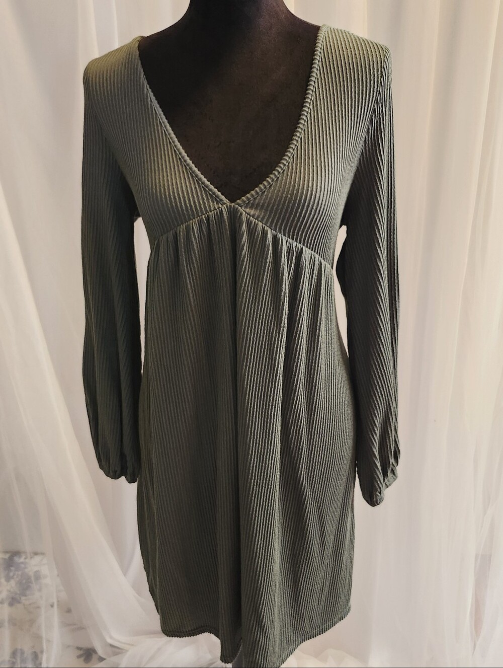 Blue Rain Olive Ribbed V-Neck Mini Dress
